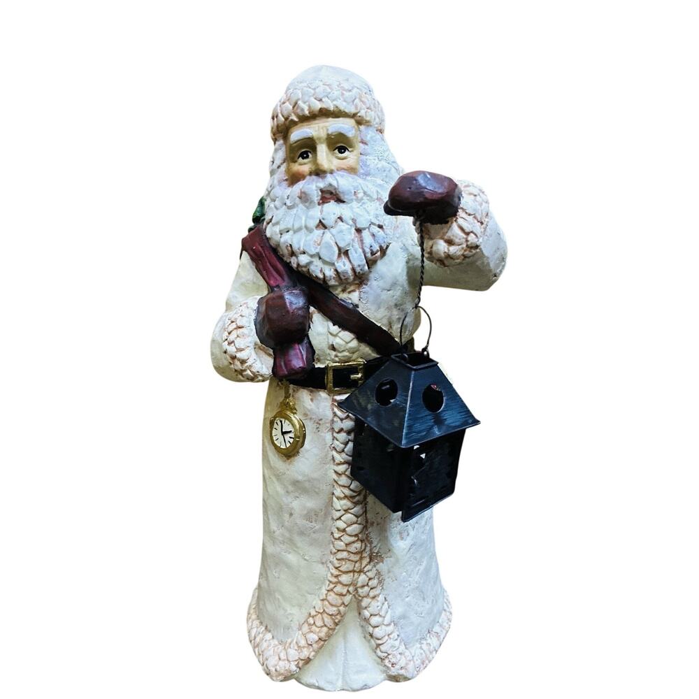 Hand Painted 2 Pc Santa Claus Figurine Metal Lantern Detailed Gold Pkt Watch 14”
